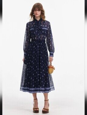 Self Portrait Navy Blue Chiffon Pleated Elegant Midi Boho Bow Dress Size 10